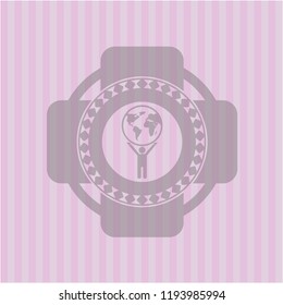 man lifting world icon inside retro pink emblem