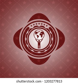 man lifting world icon inside red icon or emblem