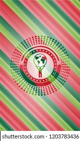 man lifting world icon inside christmas colors style emblem.