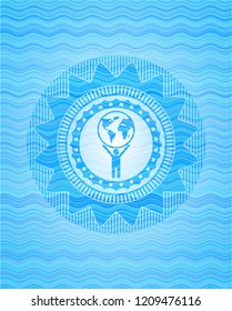 man lifting world icon inside water wave concept style emblem.
