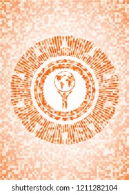 man lifting world icon inside abstract orange mosaic emblem with background