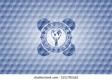 man lifting world icon inside blue emblem or badge with geometric pattern background.