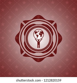 man lifting world icon inside retro red emblem