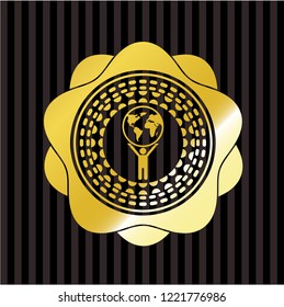 man lifting world icon inside shiny badge