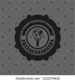 man lifting world icon inside retro style black emblem