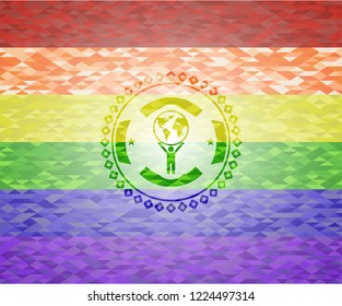 man lifting world icon inside lgbt colors emblem 