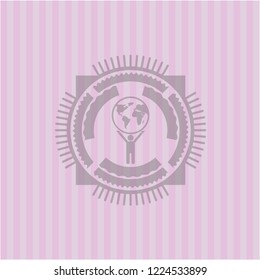 man lifting world icon inside retro pink emblem