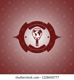 man lifting world icon inside realistic red emblem