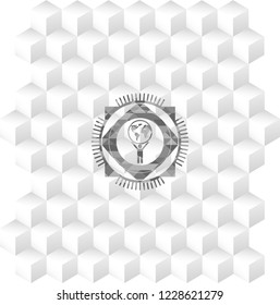 man lifting world icon inside realistic grey emblem with geometric cube white background
