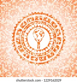 man lifting world icon inside abstract orange mosaic emblem