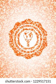 man lifting world icon inside abstract orange mosaic emblem with background