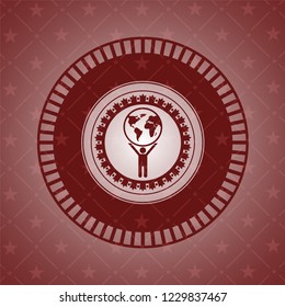 man lifting world icon inside red icon or emblem