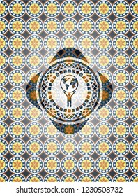 man lifting world icon inside arabesque badge background. arabic decoration.