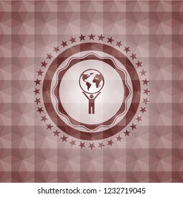 man lifting world icon inside red geometric badge. Seamless.