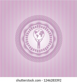 man lifting world icon inside pink emblem. Retro