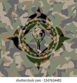 man lifting world icon inside camouflaged emblem