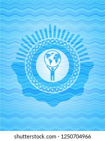 man lifting world icon inside sky blue water wave style emblem.