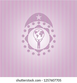 man lifting world icon inside retro pink emblem