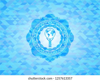 man lifting world icon inside realistic sky blue mosaic emblem