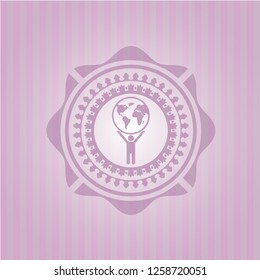 man lifting world icon inside pink icon or emblem