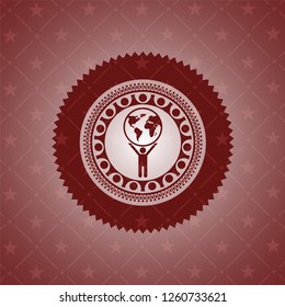 man lifting world icon inside retro style red emblem
