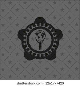 man lifting world icon inside retro style black emblem