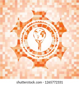 man lifting world icon inside orange tile background illustration. Square geometric mosaic seamless pattern with emblem inside.