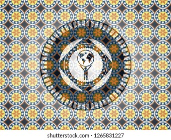 man lifting world icon inside arabic style badge. Arabesque decoration.