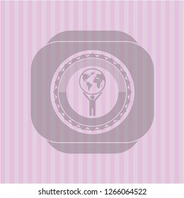man lifting world icon inside pink emblem