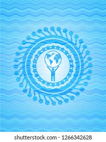 man lifting world icon inside sky blue water emblem background.