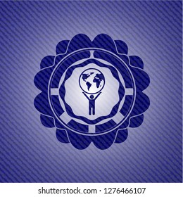 man lifting world icon inside jean background