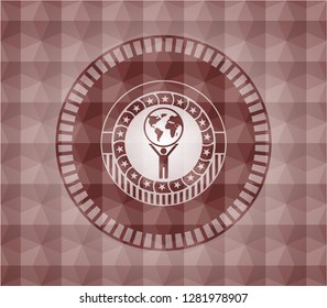 man lifting world icon inside red seamless geometric badge.
