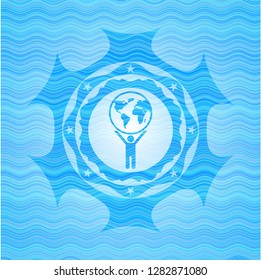 man lifting world icon inside water concept style emblem.