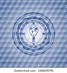man lifting world icon inside blue emblem with geometric background.