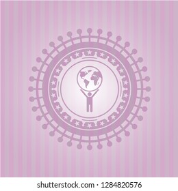 man lifting world icon inside badge with pink background