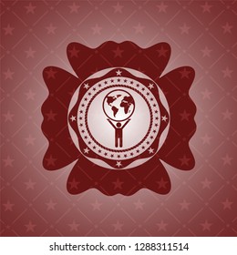 man lifting world icon inside retro style red emblem