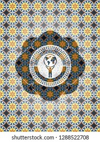 man lifting world icon inside arabesque style badge. arabic decoration.