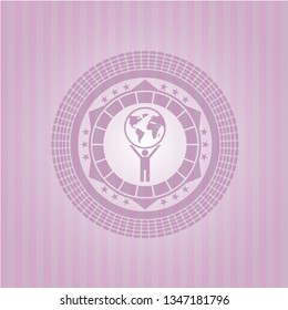 man lifting world icon inside realistic pink emblem