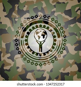 man lifting world icon inside camo texture