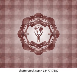 man lifting world icon inside red seamless geometric badge.