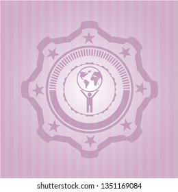 man lifting world icon inside pink emblem. Retro