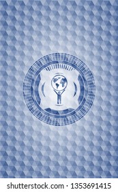 man lifting world icon inside blue hexagon emblem.