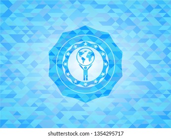 man lifting world icon inside realistic light blue mosaic emblem