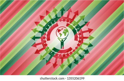 man lifting world icon inside christmas style badge..