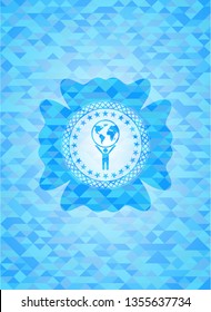 man lifting world icon inside realistic sky blue mosaic emblem