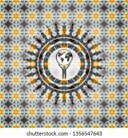 man lifting world icon inside arabesque badge background. arabic decoration.