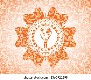 man lifting world icon inside abstract orange mosaic emblem