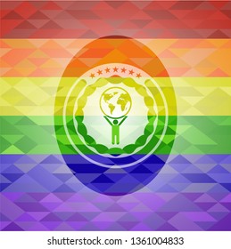 man lifting world icon inside emblem on mosaic background with the colors of the LGBT flag