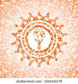 man lifting world icon inside abstract emblem, orange mosaic background