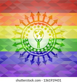 man lifting world icon inside emblem on mosaic background with the colors of the LGBT flag